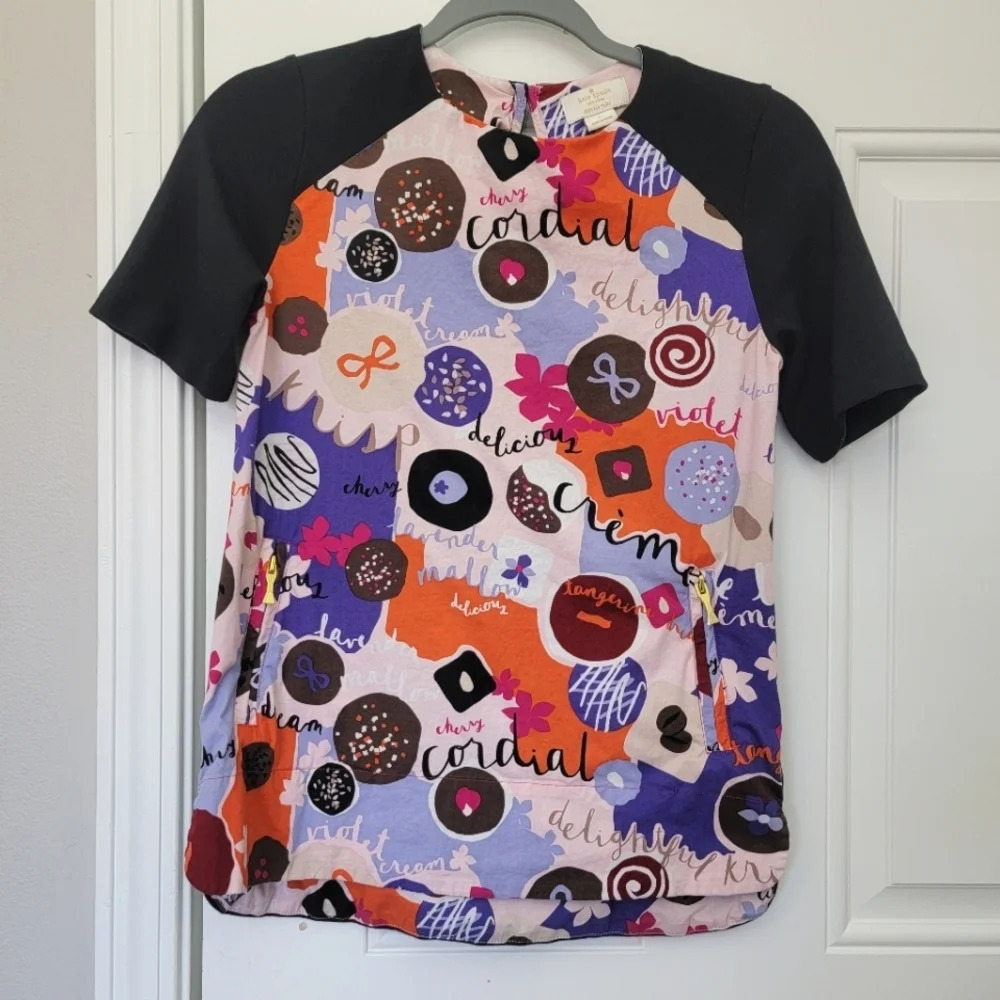 Kate Spade Girl's Tunic Top Sweet Print Desserts Treats Gold Zip Pockets Sz XL